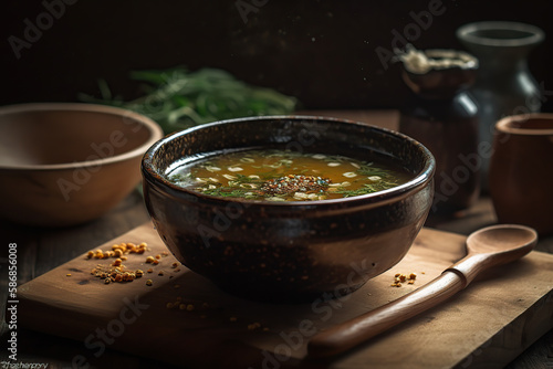 Close up Japanese miso hot soup in a black bowl, generative AI.