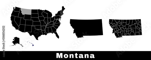 Montana state map, USA. Set of Montana maps with outline border, counties and US states map. Black and white color.