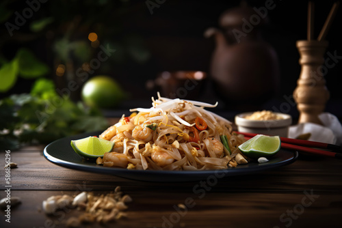 Close up photographic Thailand favorites food Pat Thai in black dish, generative AI