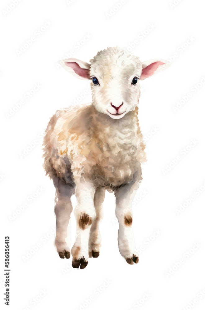 Fototapeta premium Cartoon watercolor illustration of a cute lamb on white background. Generative AI.