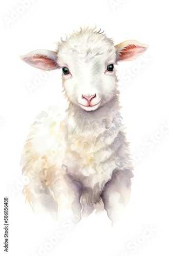 Cartoon watercolor illustration of a cute lamb on white background. Generative AI.