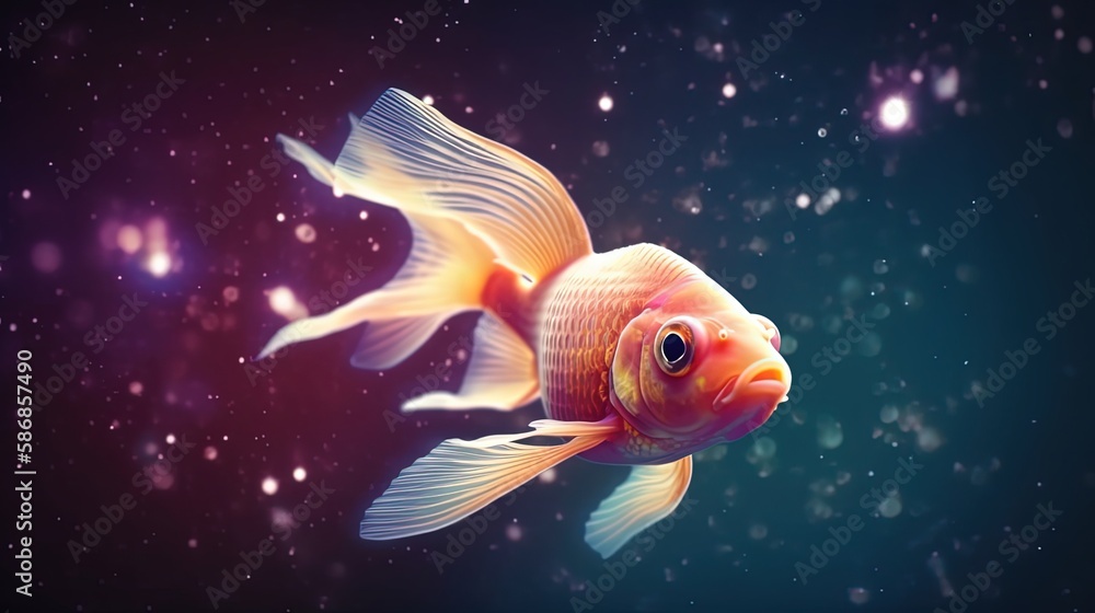 euphoria dreamy aura atmosphere, collage illustration style of a gold fish swimming among stars, Generative Ai