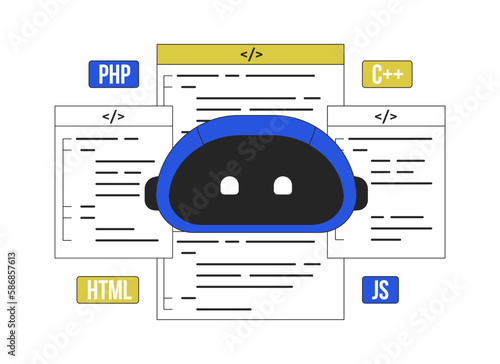 AI-assisted coding line concept vector spot illustration. Editable 2D flat colour cartoon scene on white for web design. Programming creative lineart idea for website, mobile. Bebas Neue font used