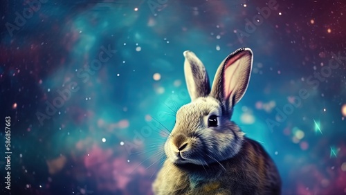 euphoria dreamy aura atmosphere, collage illustration style of a rabbit in under starfield galaxy sky, Generative Ai © QuietWord