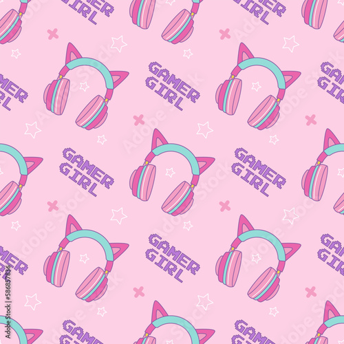 Headphones with cat ears for gamer girl on pink background. Vector seamless pattern in kawaii style