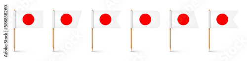 Realistic various Japanese toothpick flags. Souvenir from Japan. Wooden toothpicks with paper flag. Location mark, map pointer. Blank mockup for advertising and promotions. Vector illustration
