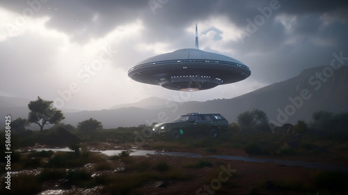 Alien UFO - Unidentified Flying Object - Clipping Path Included. Alien earth. Generative AI.