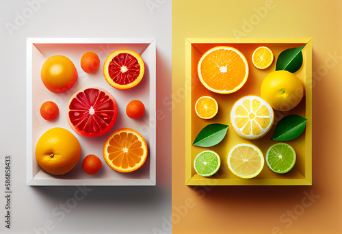 Neat arrangement of citrus fruit in a colorful motif, generative art