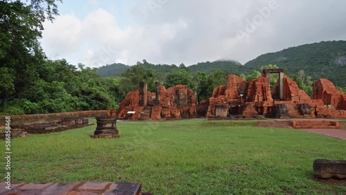 Impressive Temple Ruins With Nature Background In My Son, Quang Nam, Vietnam, South East Asia. Pan Right
