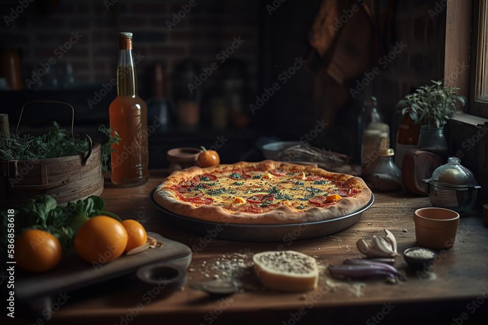 Close up pizza on a wooden board, generative AI. Close up pizza on a wooden board, generative AI.