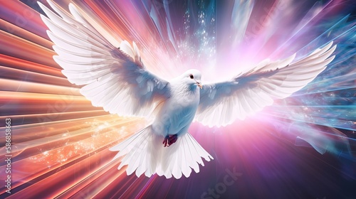 euphoria dreamy aura atmosphere, collage illustration style of a dove fly among starburst light, holy spirit, Generative Ai © QuietWord