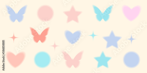  Shape set y2k style for banner. Y2k aesthetic.Shape set y2k style for decoaration.Shape set y2k style for poster. Trendy geometric forms.Simple shapes.Trendy 90s.Butterflies.Stars.Hearts.