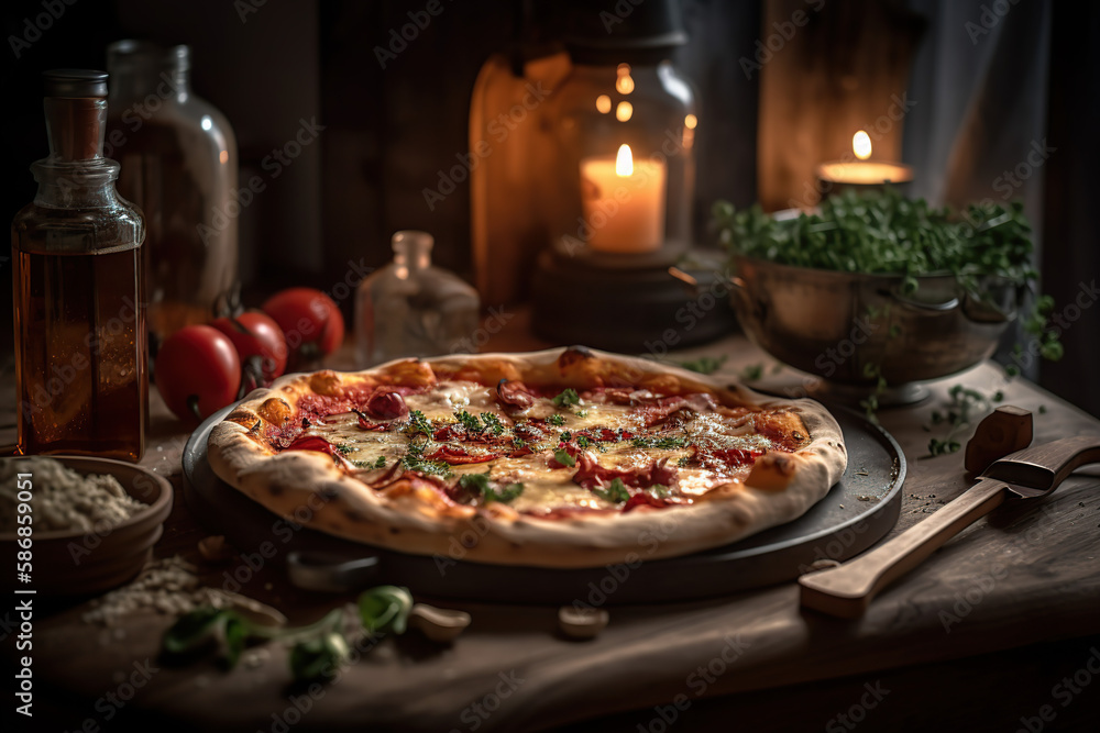 Close up pizza on a wooden board, generative AI. Close up pizza on a wooden board, generative AI.