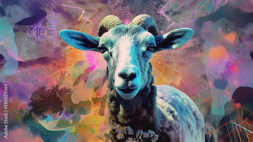 euphoria dreamy aura atmosphere, collage illustration style of close up goat face, Generative Ai photo