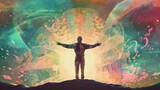 soft focus with euphoria dreamy aura atmosphere, collage illustration style of a man spreading arms to sky, seize the day, be yourself and freedom of life concept, Generative Ai