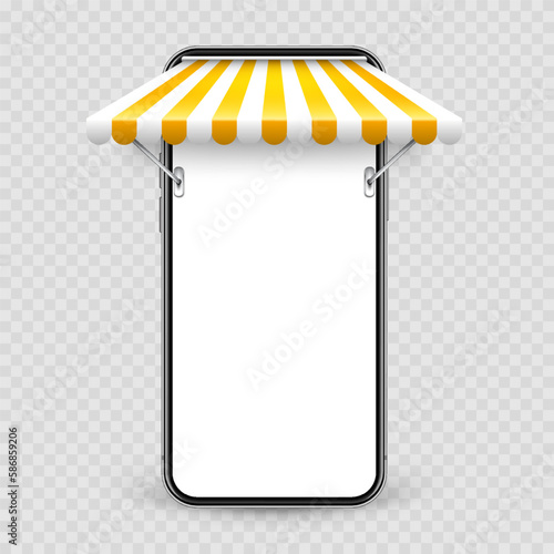 Smartphone with shop sunshade and metal mount, online internet shopping. Realistic yellow striped cafe awning. Outdoor market tent. Roof canopy. Summer street store. Vector illustration