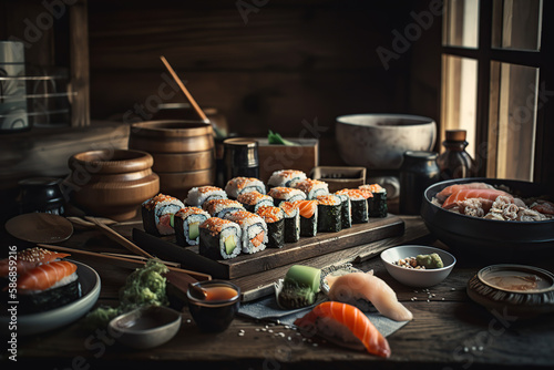 Close up photographic tasty sushi pieces, on the wooden plate, generative AI.