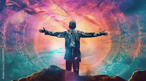 soft focus with euphoria dreamy aura atmosphere, collage illustration style of a man spreading arms to sky, seize the day, be yourself and freedom of life concept, Generative Ai