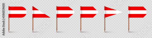 Realistic various Austrian toothpick flags. Souvenir from Austria. Wooden toothpicks with paper flag. Location mark, map pointer. Blank mockup for advertising and promotions. Vector illustration