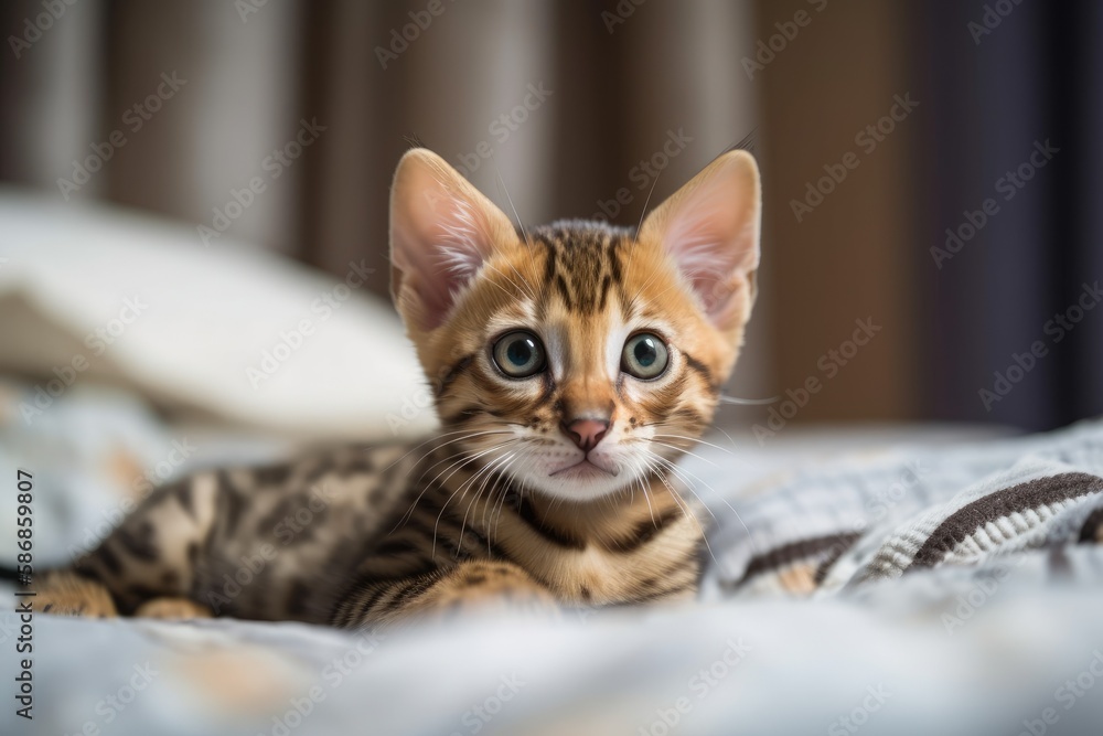 Adorable Bengal cat on the white fur blanket at one month old. Generative AI