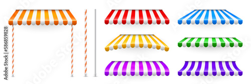 Colorful shop sunshade with stand holders. Realistic striped cafe awning. Outdoor market tent. Roof canopy. Summer street store. Vector illustration