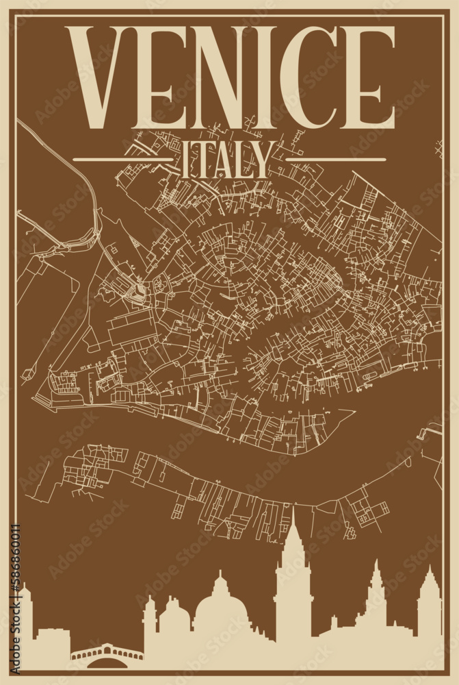 Colorful hand-drawn framed poster of the downtown VENICE, ITALY with highlighted vintage city skyline and lettering