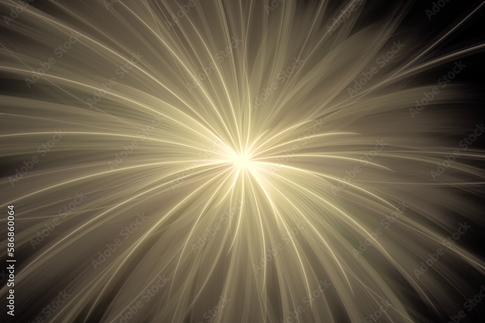 Yellow glowing pattern of crooked rays from the center on a black background. Abstract fractal 3D rendering