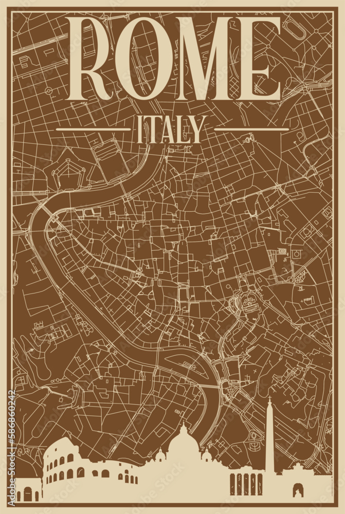 Colorful hand-drawn framed poster of the downtown ROME, ITALY with highlighted vintage city skyline and lettering Colorful hand-drawn framed poster of the downtown ROME, ITALY with highlighted vintage city skyline and lettering