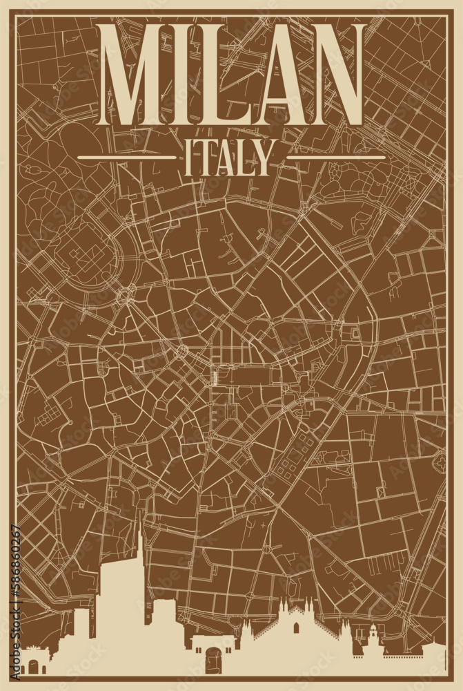 Colorful hand-drawn framed poster of the downtown MILAN, ITALY with highlighted vintage city skyline and lettering Colorful hand-drawn framed poster of the downtown MILAN, ITALY with highlighted vintage city skyline and lettering