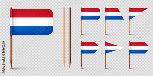 Realistic various Dutch toothpick flags. Souvenir from Netherlands. Wooden toothpicks with paper flag. Location mark, map pointer. Blank mockup for advertising and promotions. Vector illustration