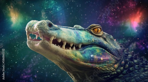 euphoria dreamy aura atmosphere, collage illustration style of a happy crocodile in galaxy sky, Generative Ai