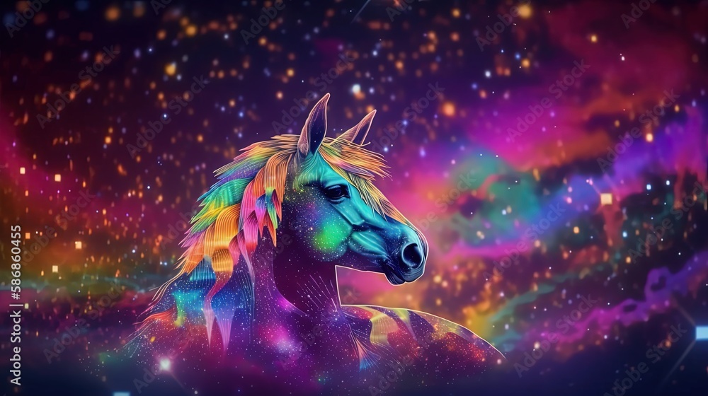 euphoria dreamy aura atmosphere, collage illustration style of colorful spectrum horse under starfield, Generative Ai