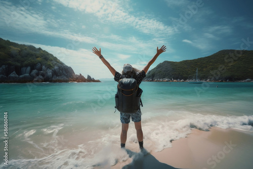 Happy  with raised hands enjoying freedom on the beach, generative ai