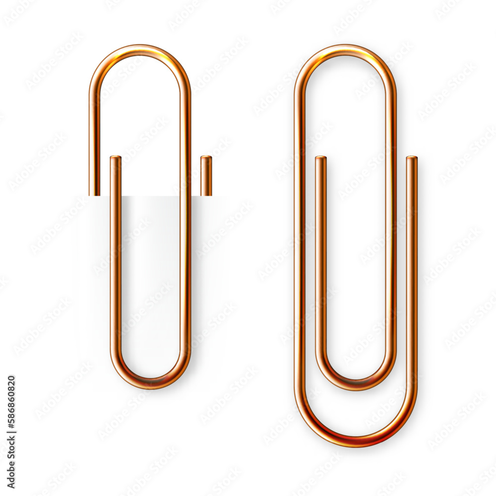 Realistic copper paperclip attached to paper isolated on white background. Shiny metal paper clip, page holder, binder. Workplace office supplies. Vector illustration Realistic copper paperclip attached to paper isolated on white background. Shiny metal paper clip, page holder, binder. Workplace office supplies. Vector illustration