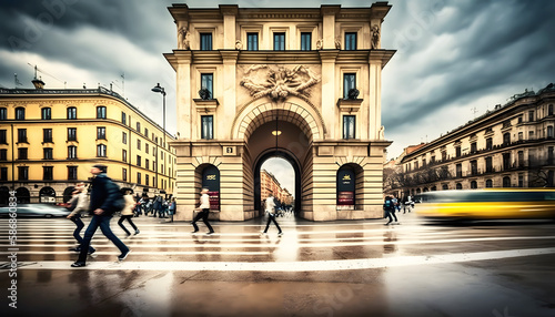 public square in European city, speed shutter shot, generative AI