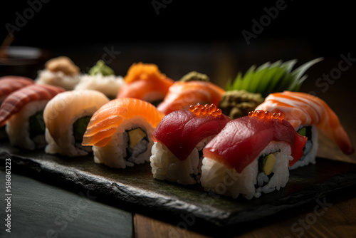 Close-up finest of Madai, sushi, Japanese food. Ai generated.