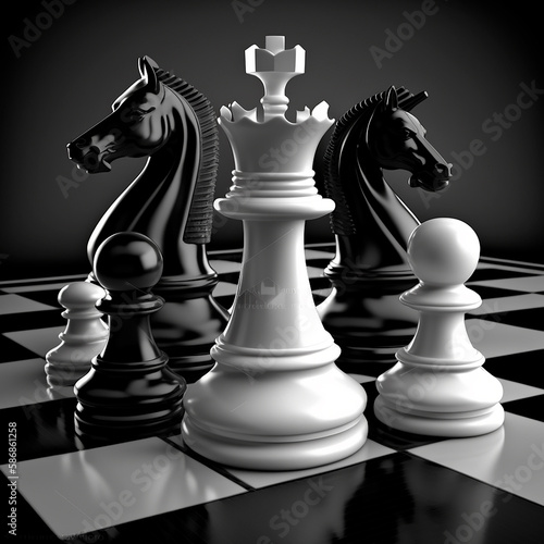 The concept of strategic decisions and strategic moves in chess on a dark background, a chessboard with pieces. Generative AI.
