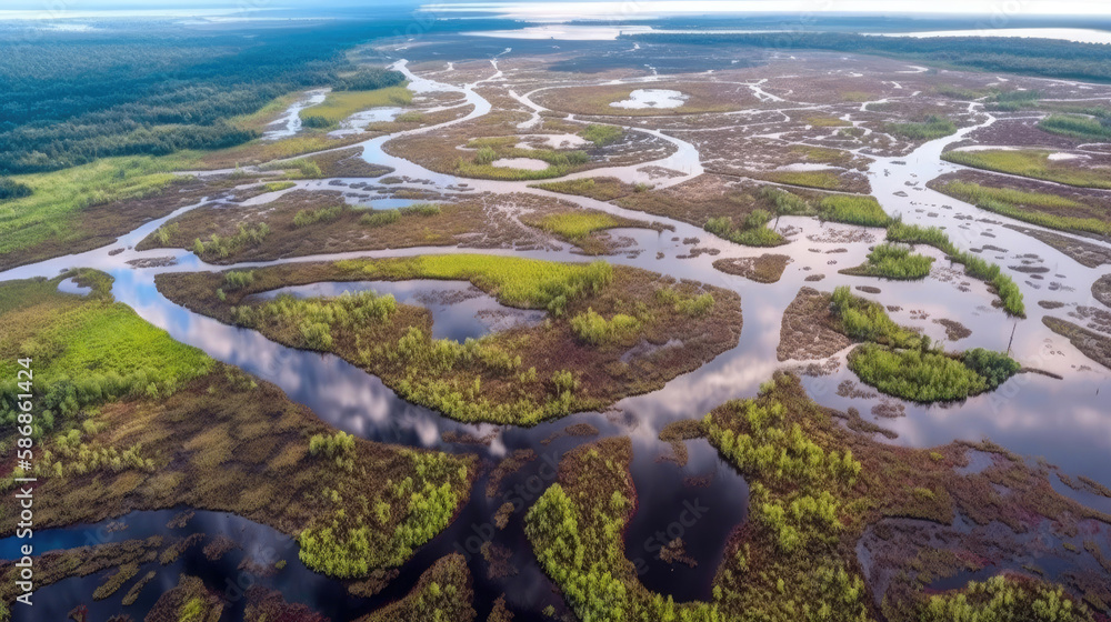 Extensive river delta in the Rapa Valley. Aerial view. Beautiful Scandinavian scenery of Sweden. Generative AI