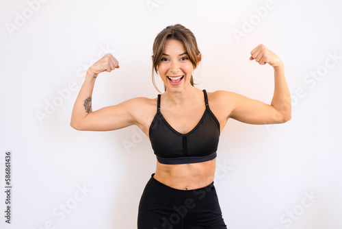 Happy Young Sporty Woman Showing Arm Muscles Fitness Fit Healthy Lifestyle Weight Training Exercises