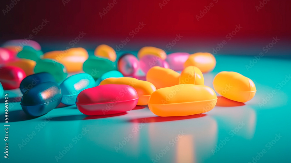 multicolored pills on table, created with Generative AI Technology multicolored pills on table, created with Generative AI Technology