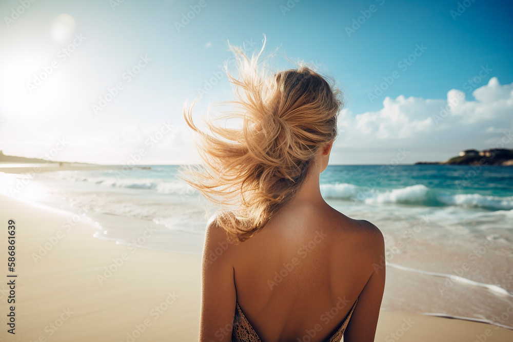 generative ai illustration of beautiful woman from behind, only can see the back on the beach generative ai illustration of beautiful woman from behind, only can see the back on the beach