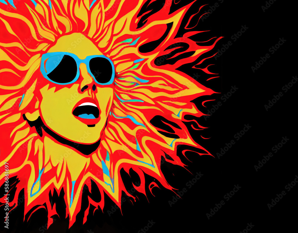 Flaming human in sunglasses on a black background, Pop Art, ai generation