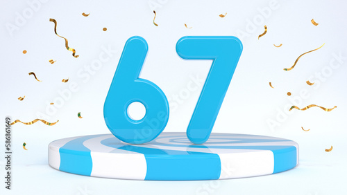 Text 67 standing on a striped stand, podium, stage surrounded by confetti. Greeting card, discount card, sale, holiday discount, birthday, grand opening. 3d render. photo