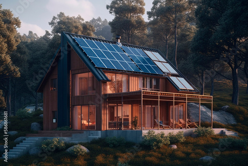 Solar panels on house roof in village, created with Generative AI Technology