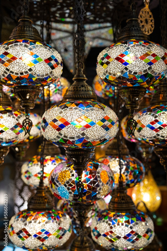 Traditional Ottoman Mosaic Lamps in the Grand Bazaar Photo, Eminönü Fatih, Istanbul Turkiye