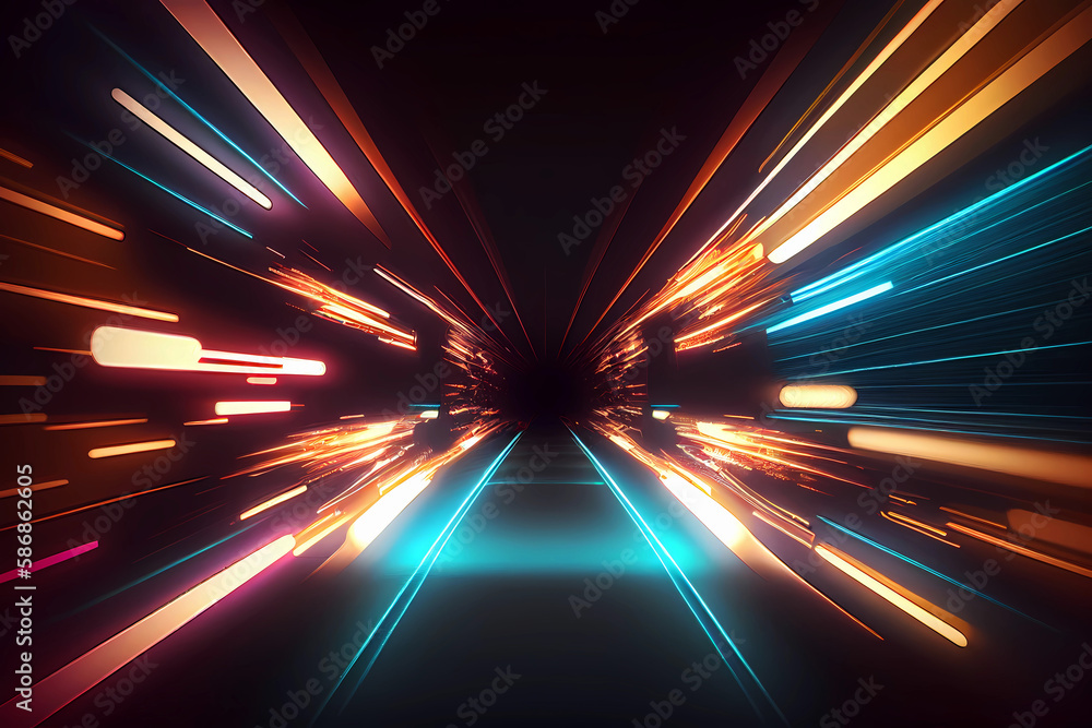 Fotografie Neon lights speed tunnel background. Generative ai.