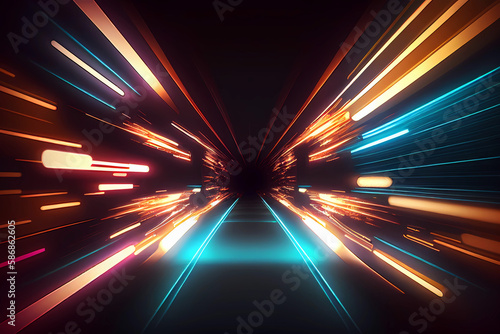 Tela Neon lights speed tunnel background. Generative ai.