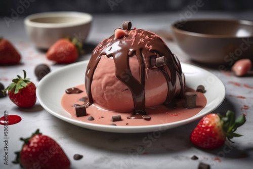 illustration of strawberry ice cream with chocolate toping in a bowl