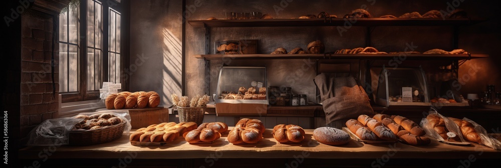 Traditional rustic bakery. Bread and other backed goods on display. Generative ai Traditional rustic bakery. Bread and other backed goods on display. Generative ai