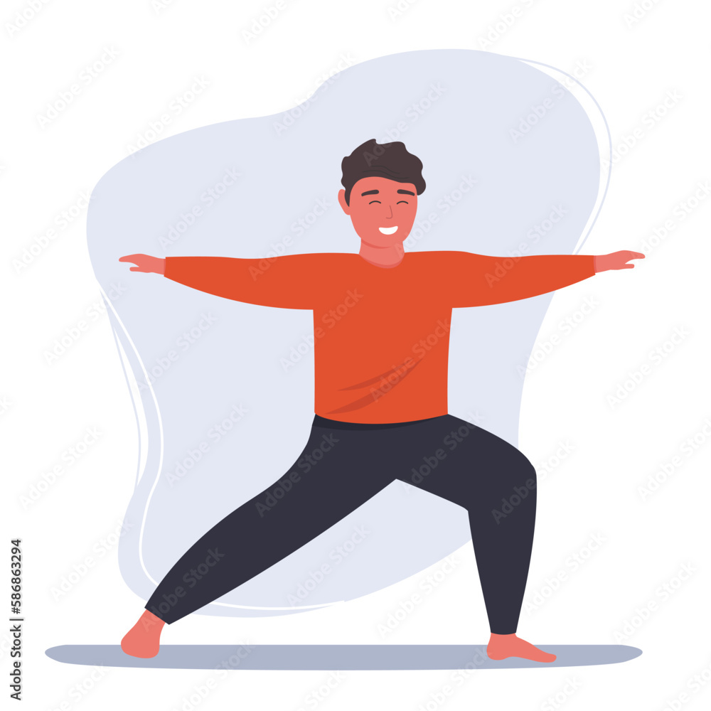 The guy does yoga, gymnastics. An active lifestyle of the character. Vector flat graphics. The guy does yoga, gymnastics. An active lifestyle of the character. Vector flat graphics.